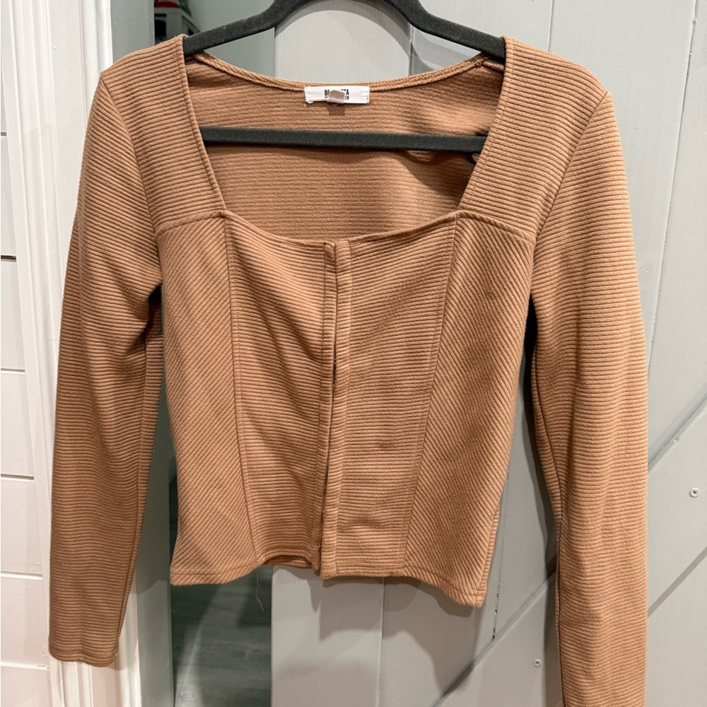 BB Dakota Tan Ribbed Square Neck Top